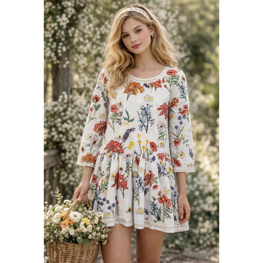 Brooke Wright Rebecca Drop-Waist Tunic Dress Boho Cottagecore Cotton sz S NWT